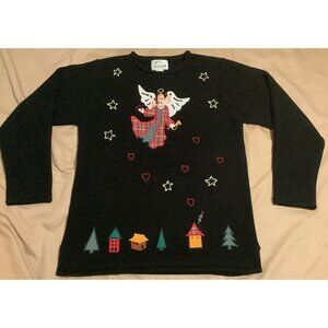 Quacker Factory Christmas Angel Sweater Womens S Black